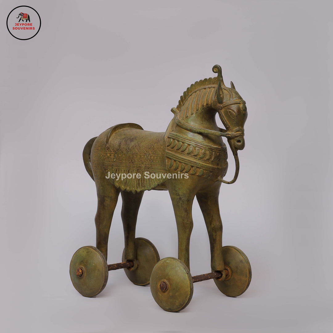 Antique Brass Horse Statue on Wheels with Antique Green Patina