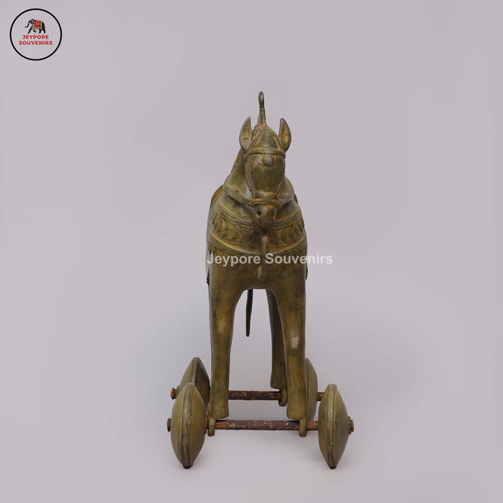 Antique Brass Horse Statue on Wheels with Antique Green Patina