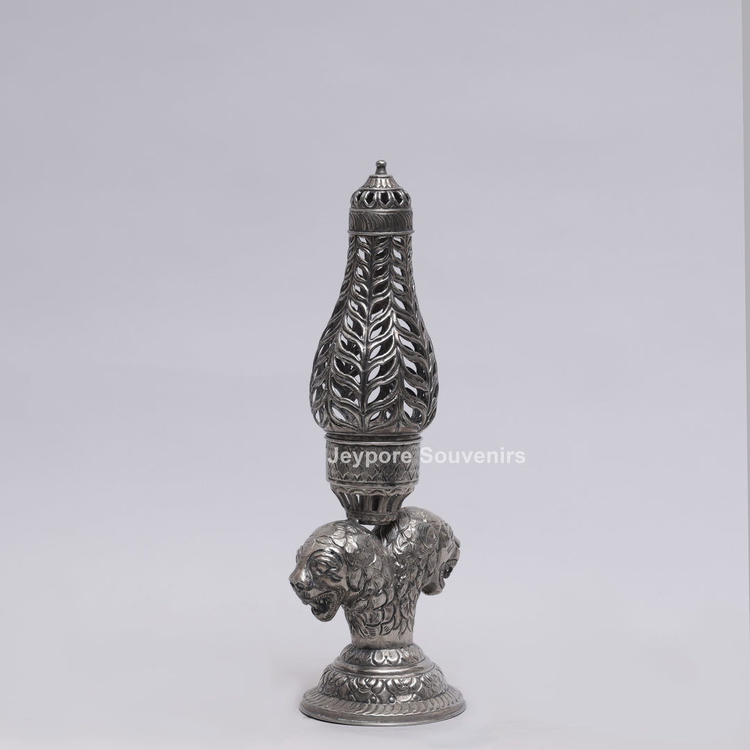 Handcrafted Antique Silver Polished Lion Face Candle Stand
