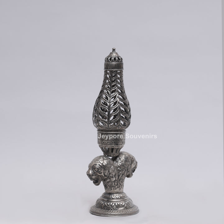 Handcrafted Antique Silver Polished Lion Face Candle Stand