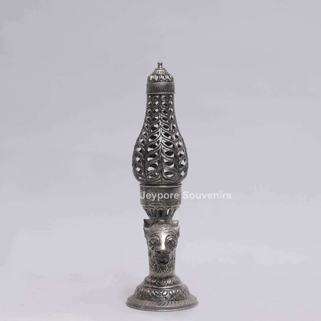 Handcrafted Antique Silver Polished Lion Face Candle Stand