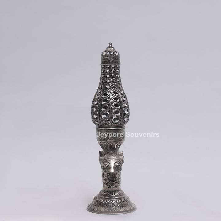 Handcrafted Antique Silver Polished Lion Face Candle Stand