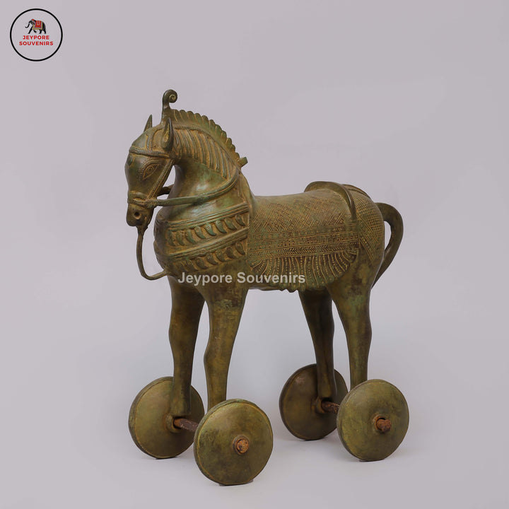 Antique Brass Horse Statue on Wheels with Antique Green Patina