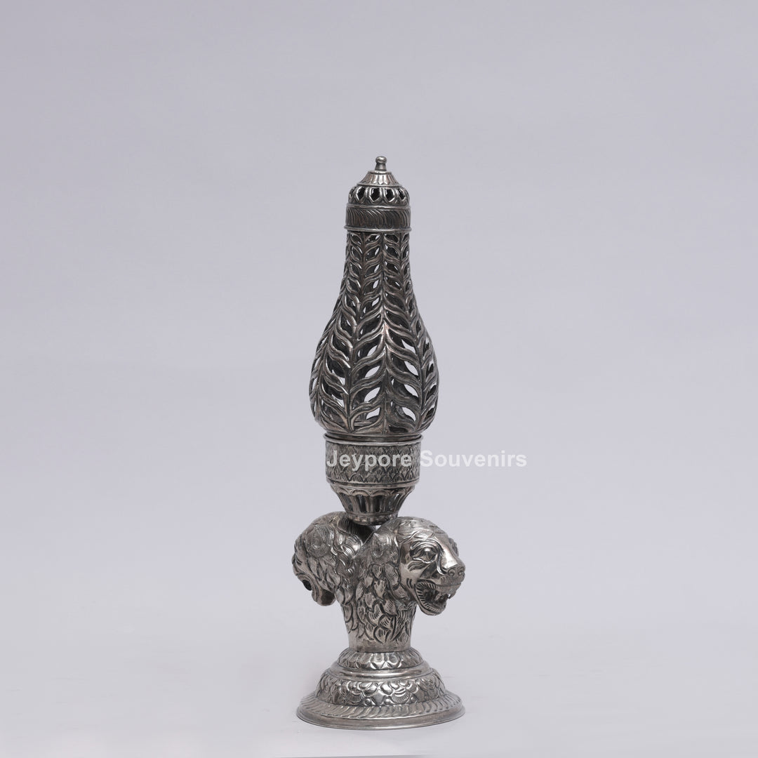 Handcrafted Antique Silver Polished Lion Face Candle Stand