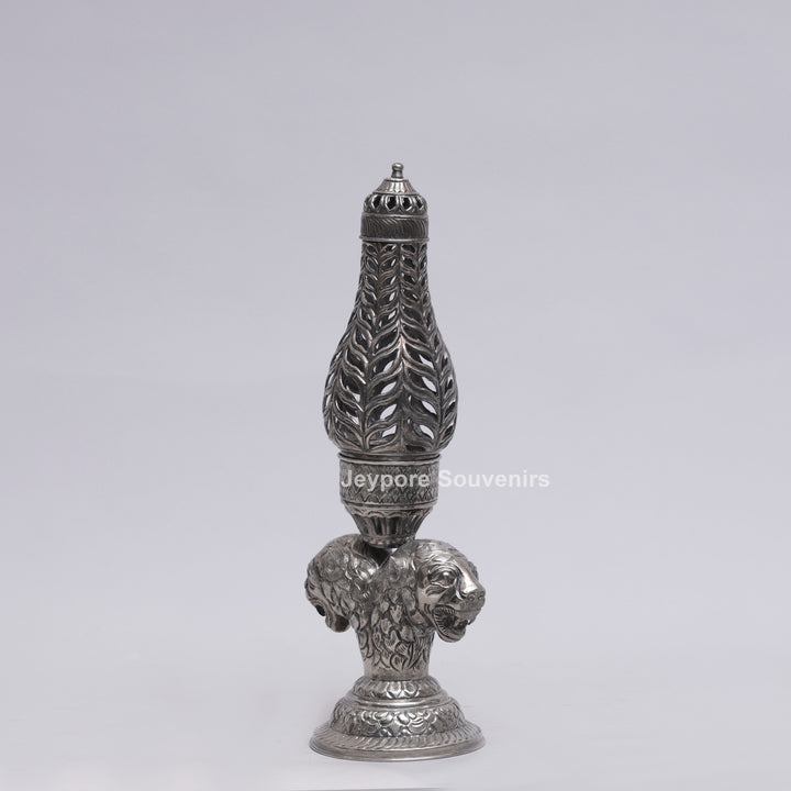 Handcrafted Antique Silver Polished Lion Face Candle Stand