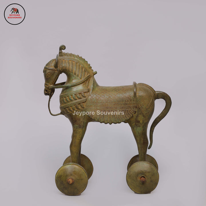 Antique Brass Horse Statue on Wheels with Antique Green Patina