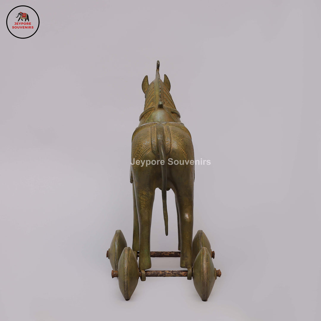 Antique Brass Horse Statue on Wheels with Antique Green Patina