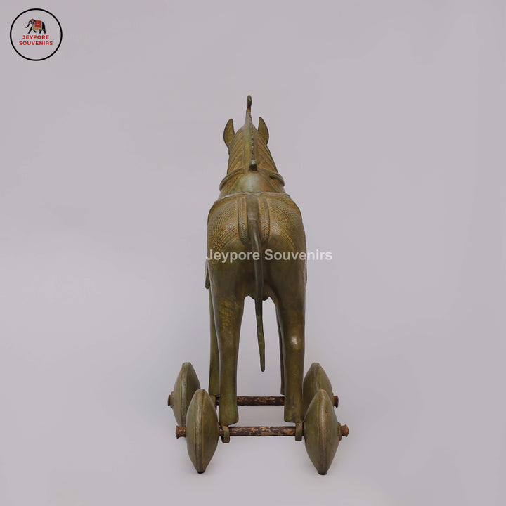 Antique Brass Horse Statue on Wheels with Antique Green Patina