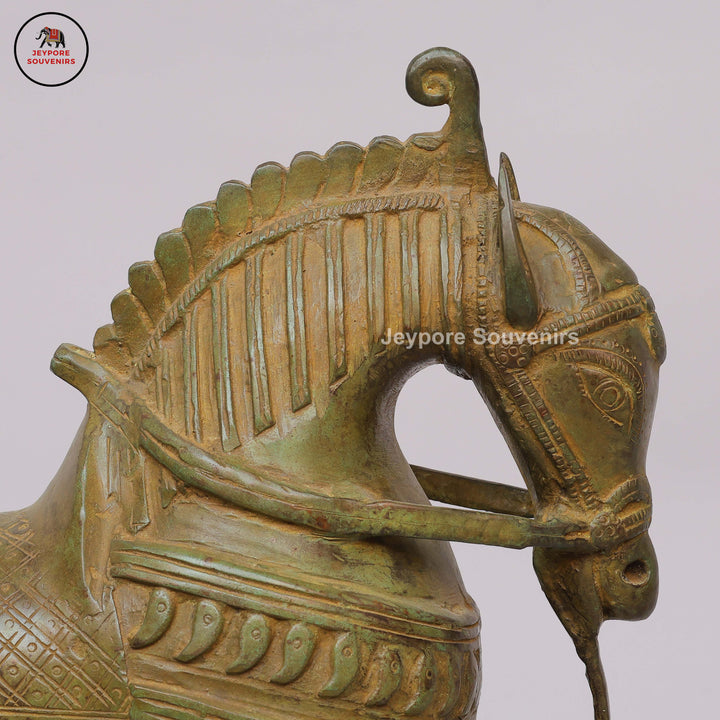 Antique Brass Horse Statue on Wheels with Antique Green Patina