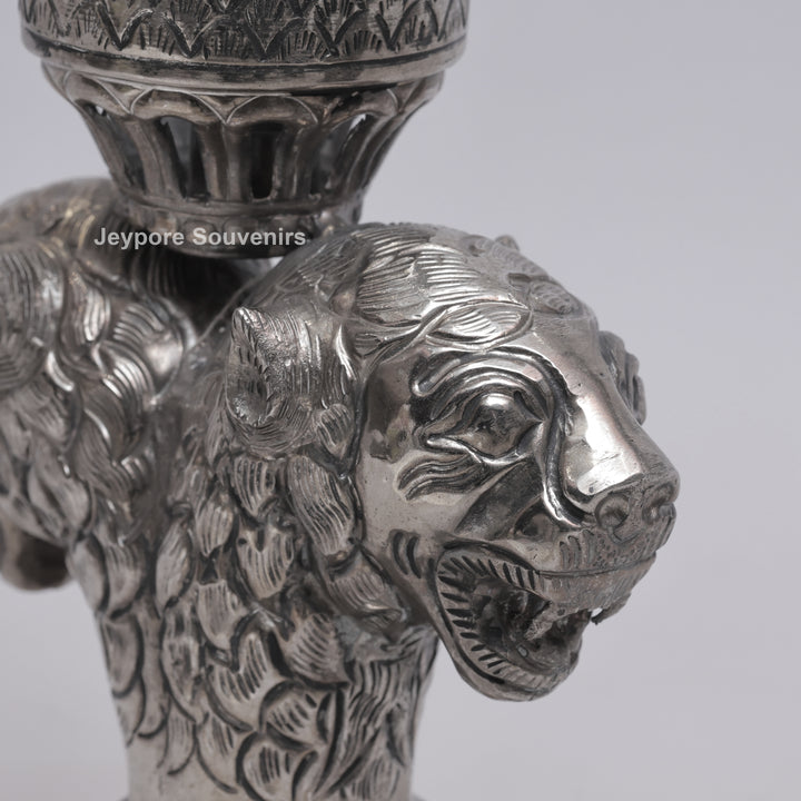 Handcrafted Antique Silver Polished Lion Face Candle Stand