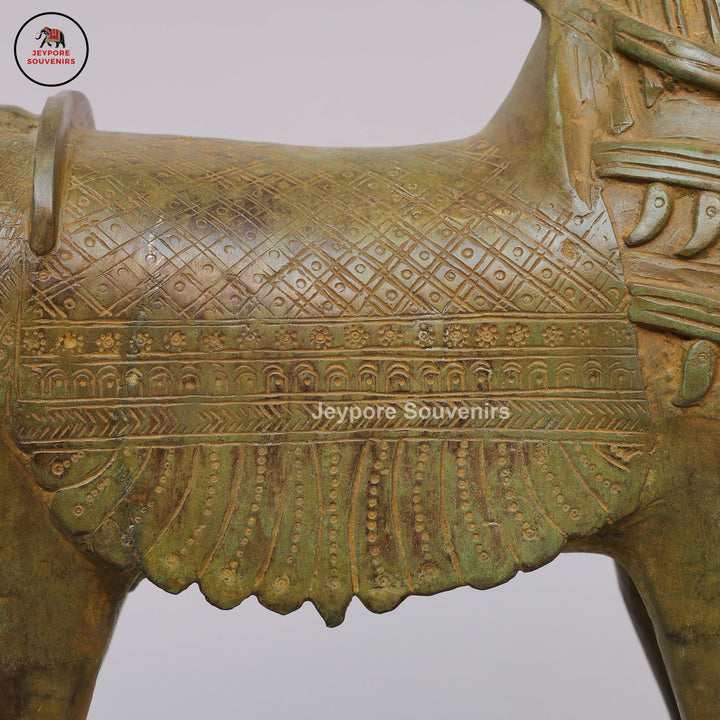 Antique Brass Horse Statue on Wheels with Antique Green Patina