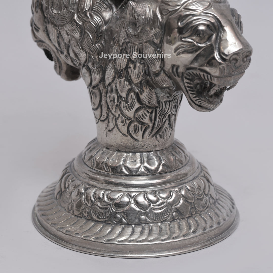 Handcrafted Antique Silver Polished Lion Face Candle Stand