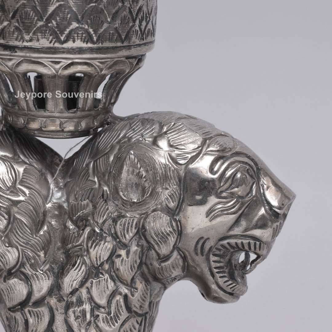 Handcrafted Antique Silver Polished Lion Face Candle Stand