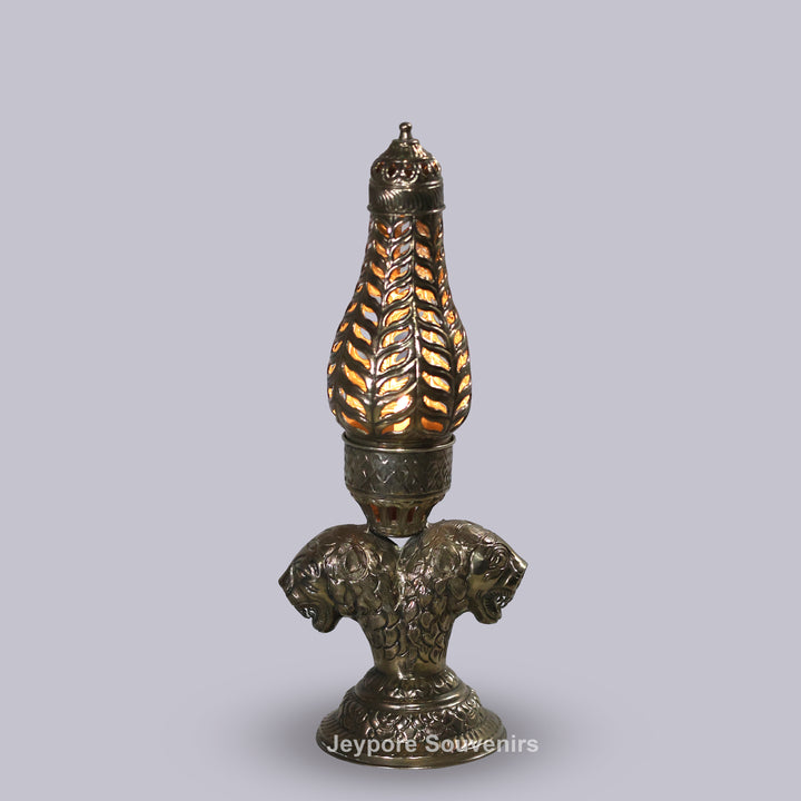 Handcrafted Antique Silver Polished Lion Face Candle Stand