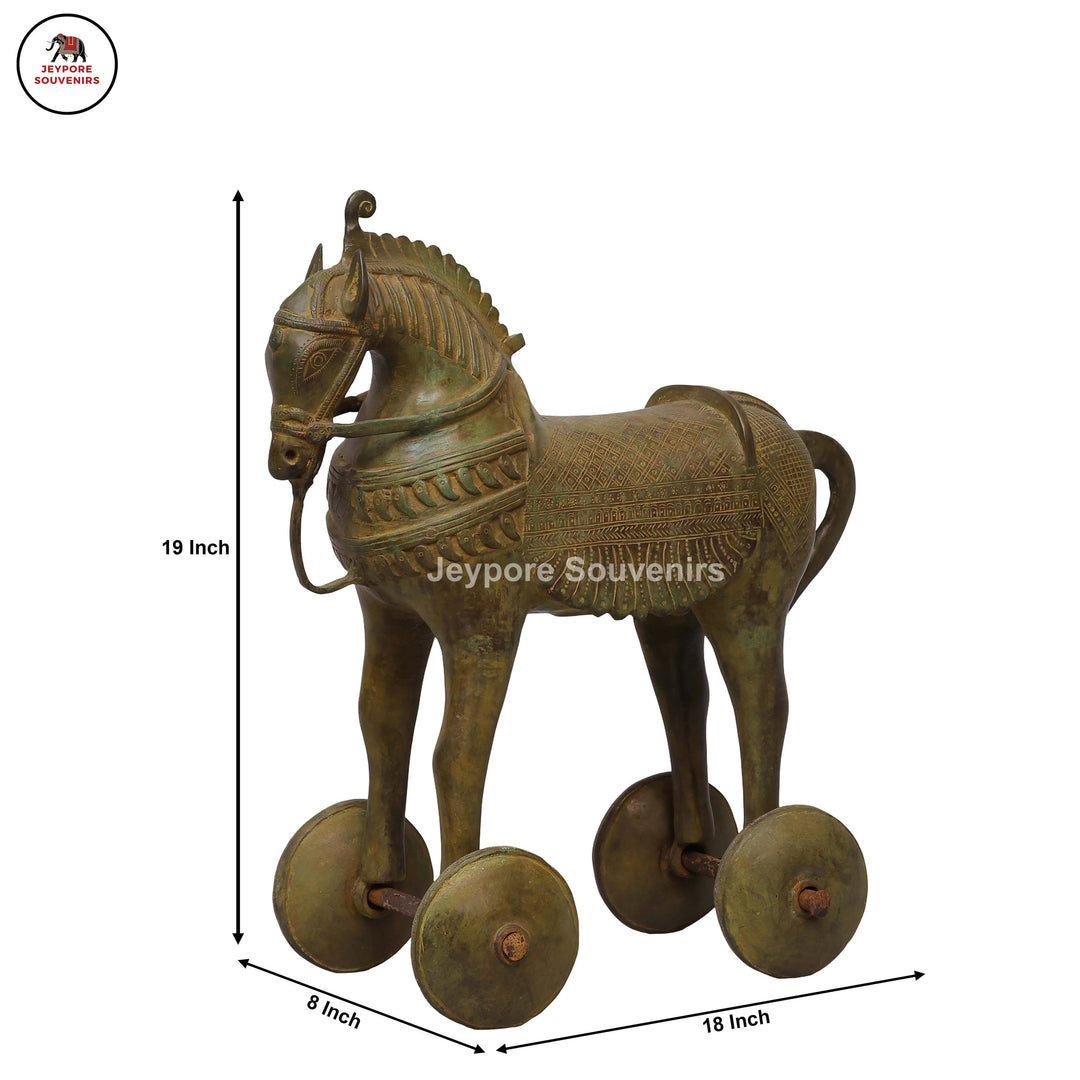 Antique Brass Horse Statue on Wheels with Antique Green Patina