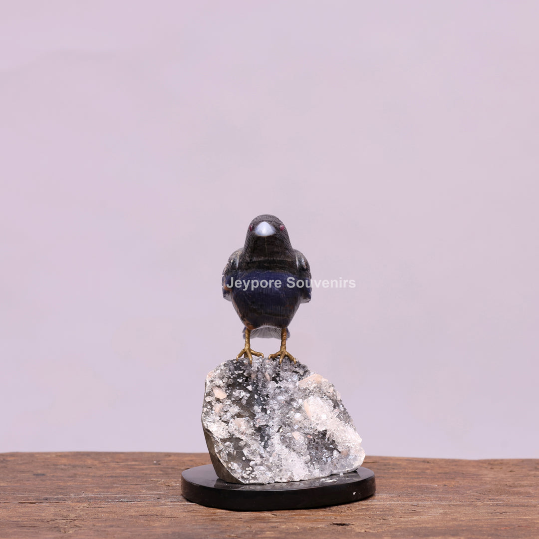 Blue Sodalite Stone Bird Sculpture On Quartz Geode Base