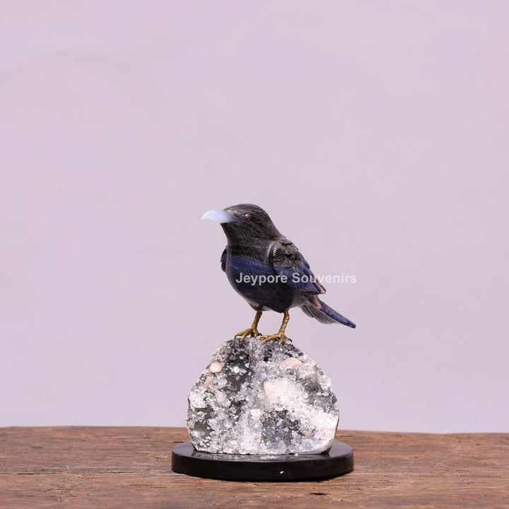 Blue Sodalite Stone Bird Sculpture On Quartz Geode Base