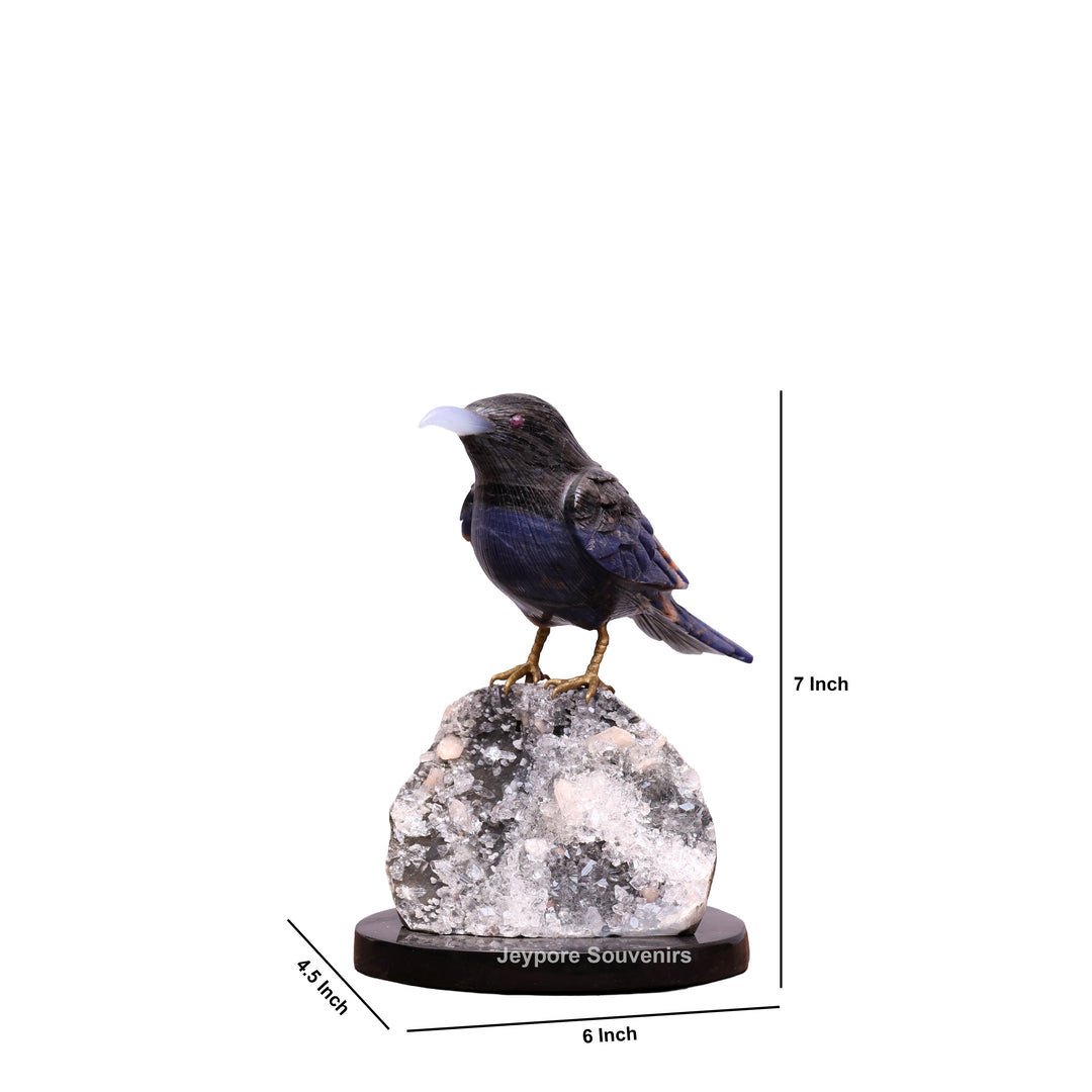Blue Sodalite Stone Bird Sculpture On Quartz Geode Base