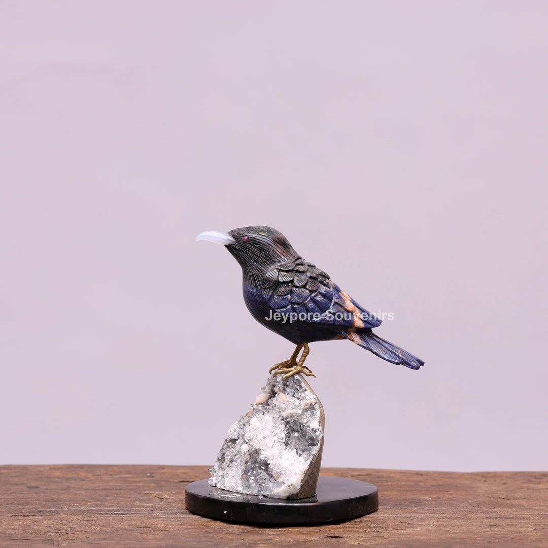 Blue Sodalite Stone Bird Sculpture On Quartz Geode Base