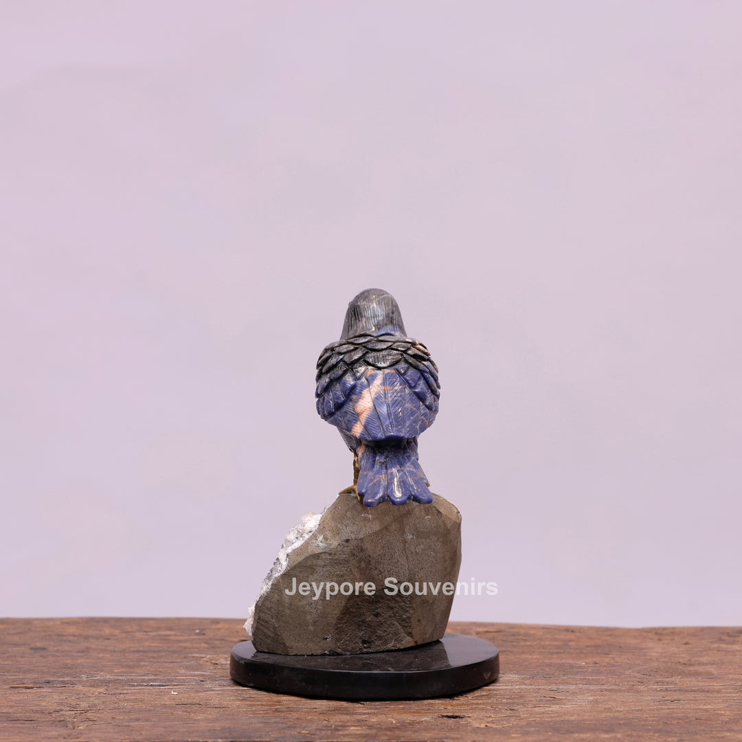 Blue Sodalite Stone Bird Sculpture On Quartz Geode Base