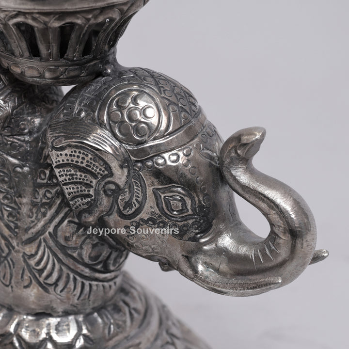 Handcrafted Antique Silver Polished Elephant Face Candle Stand