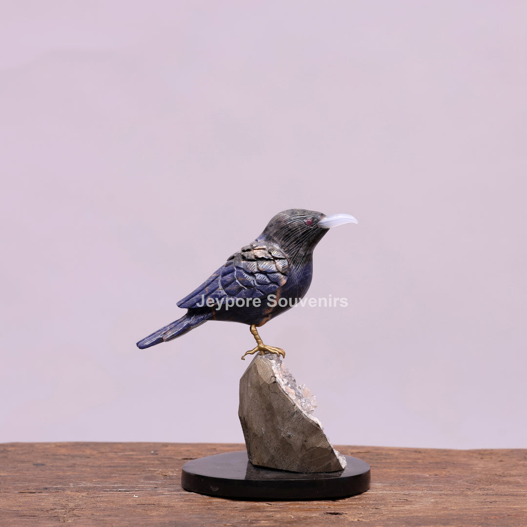 Blue Sodalite Stone Bird Sculpture On Quartz Geode Base