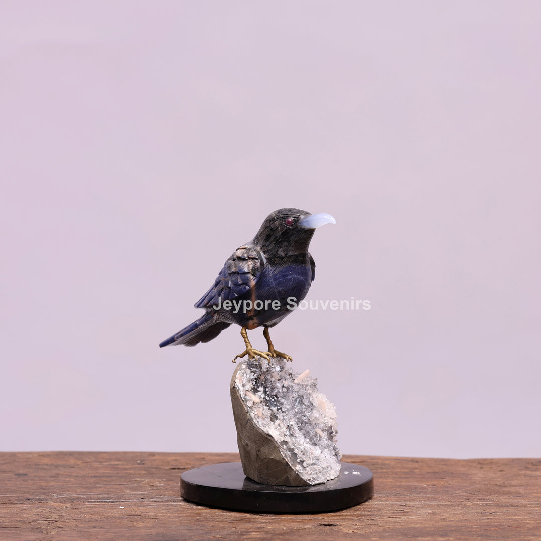 Blue Sodalite Stone Bird Sculpture On Quartz Geode Base