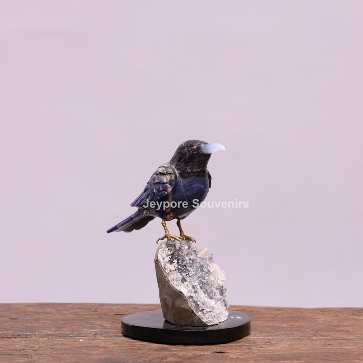 Blue Sodalite Stone Bird Sculpture On Quartz Geode Base
