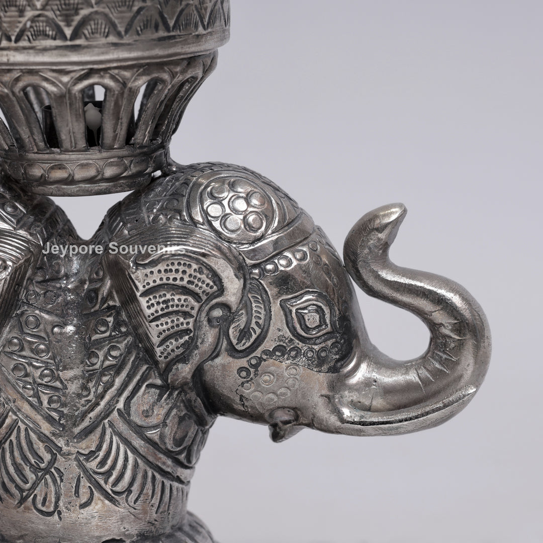 Handcrafted Antique Silver Polished Elephant Face Candle Stand