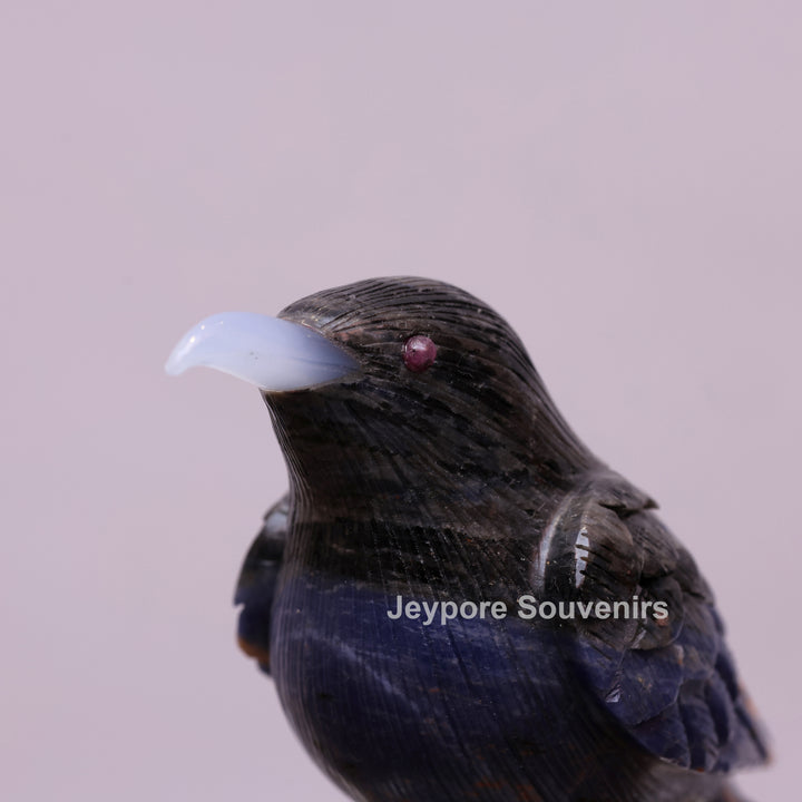 Blue Sodalite Stone Bird Sculpture On Quartz Geode Base