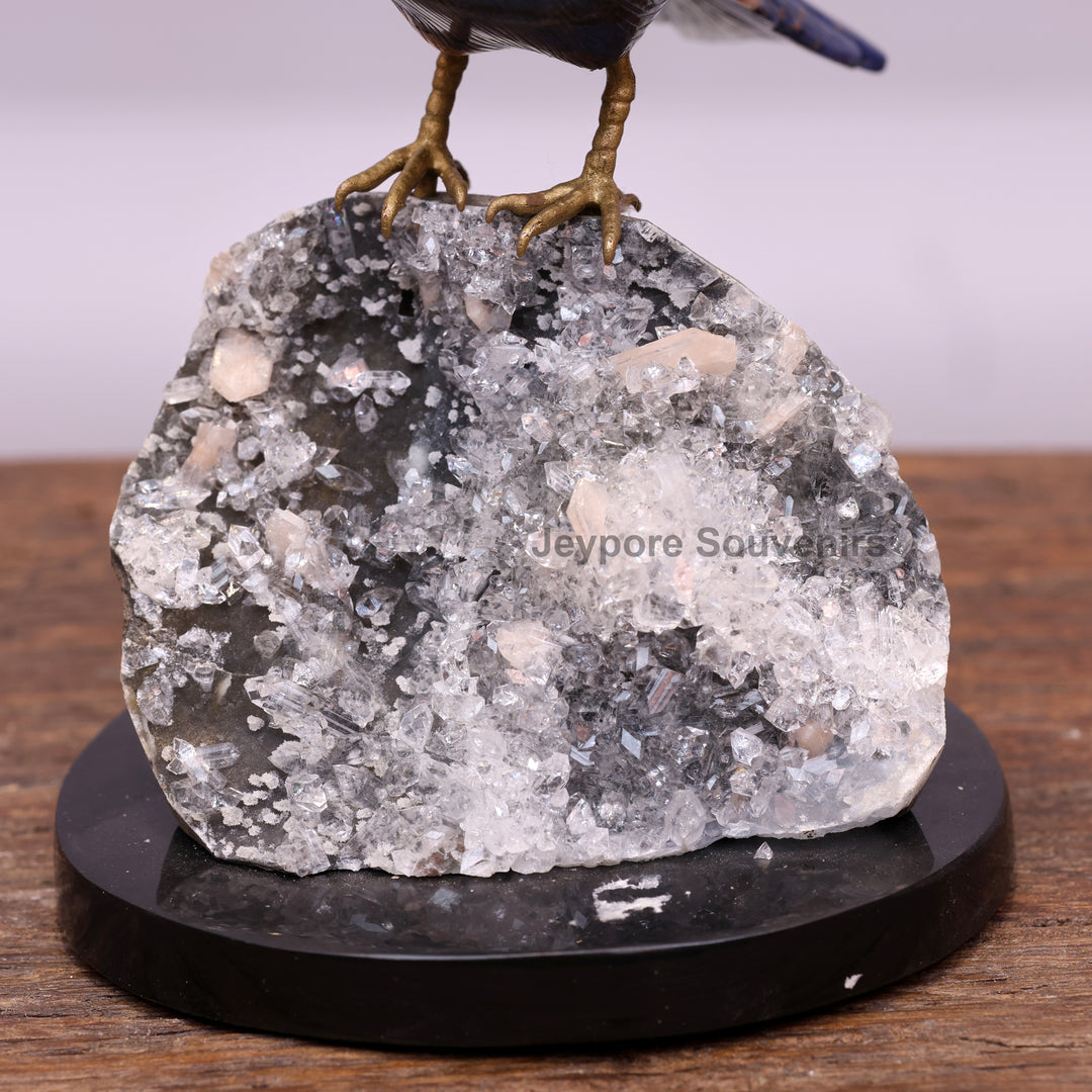 Blue Sodalite Stone Bird Sculpture On Quartz Geode Base