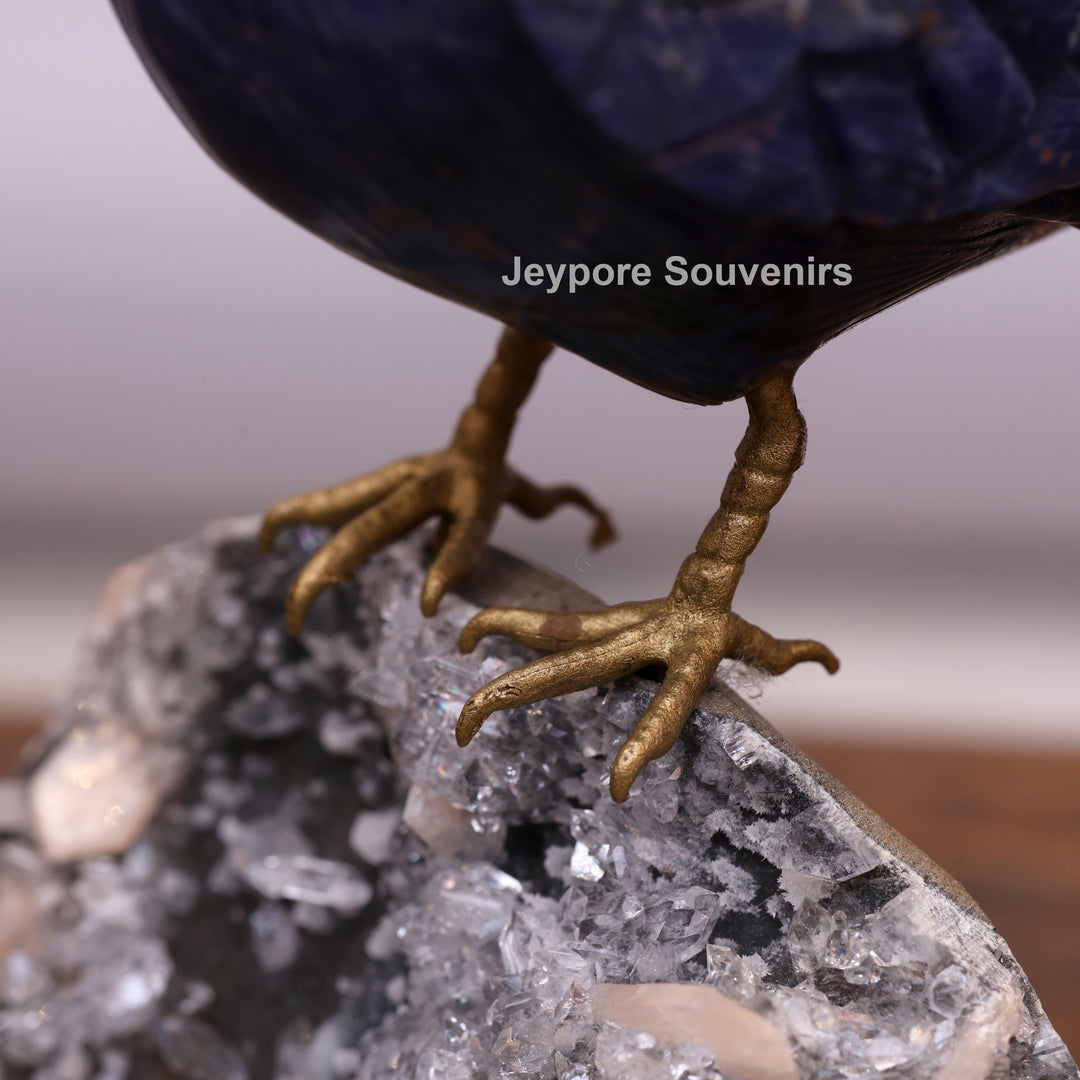 Blue Sodalite Stone Bird Sculpture On Quartz Geode Base