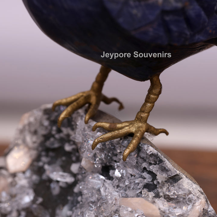 Blue Sodalite Stone Bird Sculpture On Quartz Geode Base
