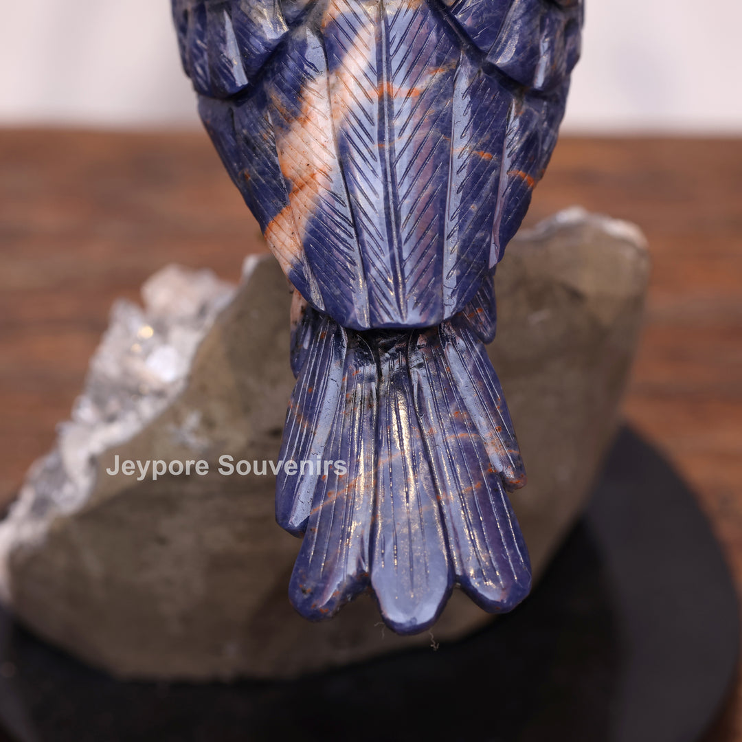 Blue Sodalite Stone Bird Sculpture On Quartz Geode Base