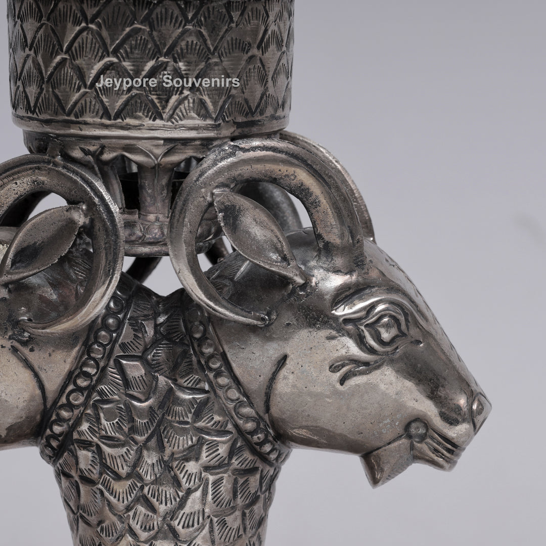 Handcrafted Antique Silver Polished Ram Head Candle Stand