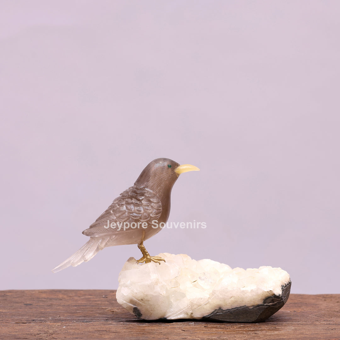Smoky Quartz Bird Sculpture On Crystal Base Semi Precious