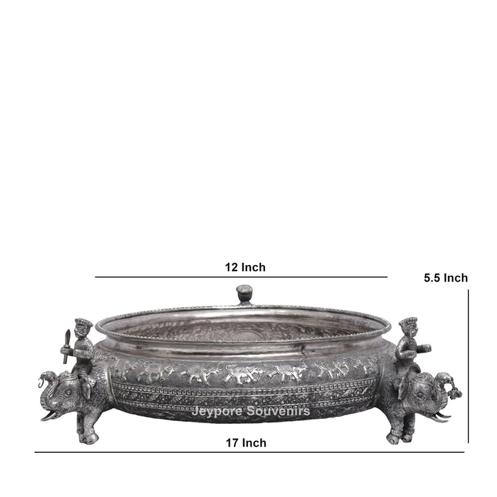 Antique silver-finish bowl featuring Royal Elephant with Guard figures.
