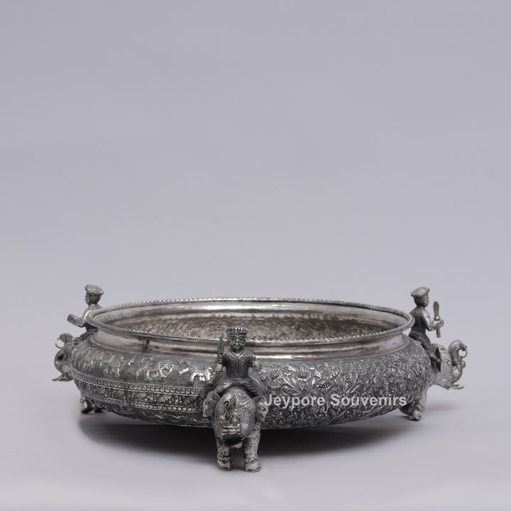 Antique silver-finish bowl featuring Royal Elephant with Guard figures.