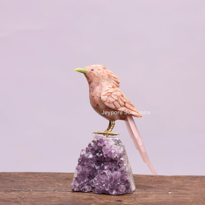 Jade Bird Sculpture On Amethyst Crystal Base