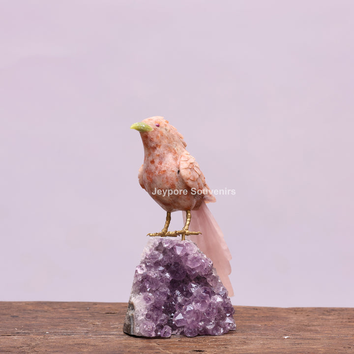 Jade Bird Sculpture On Amethyst Crystal Base