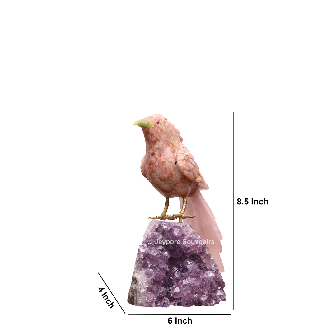 Jade Bird Sculpture On Amethyst Crystal Base