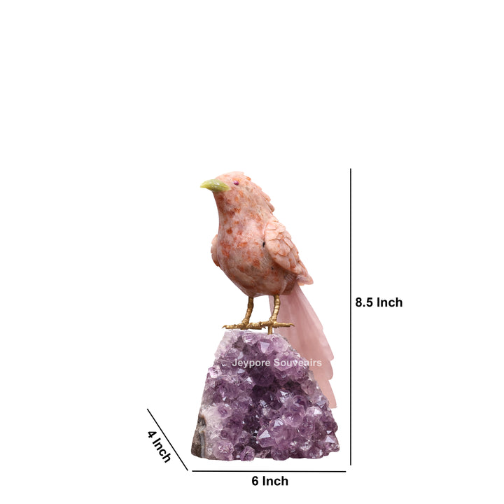 Jade Bird Sculpture On Amethyst Crystal Base