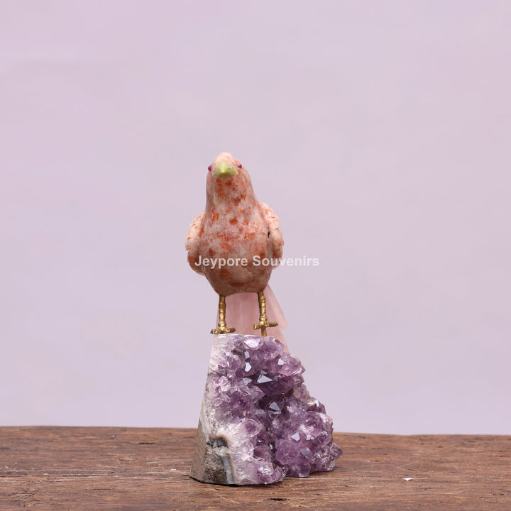 Jade Bird Sculpture On Amethyst Crystal Base