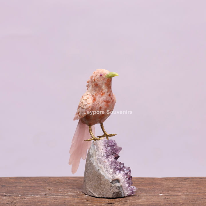 Jade Bird Sculpture On Amethyst Crystal Base