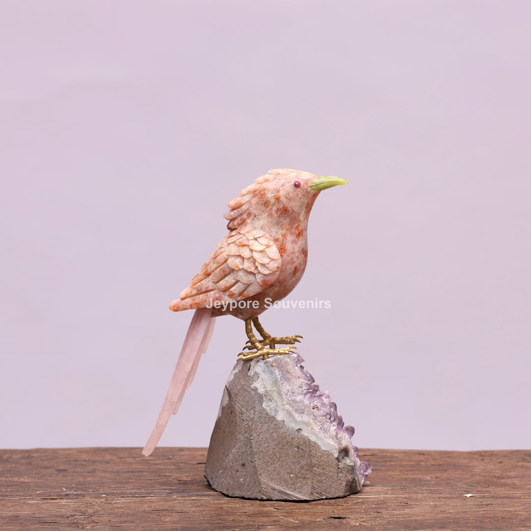 Jade Bird Sculpture On Amethyst Crystal Base