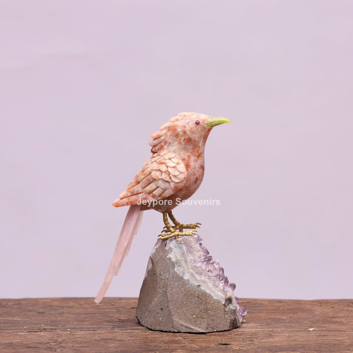 Jade Bird Sculpture On Amethyst Crystal Base