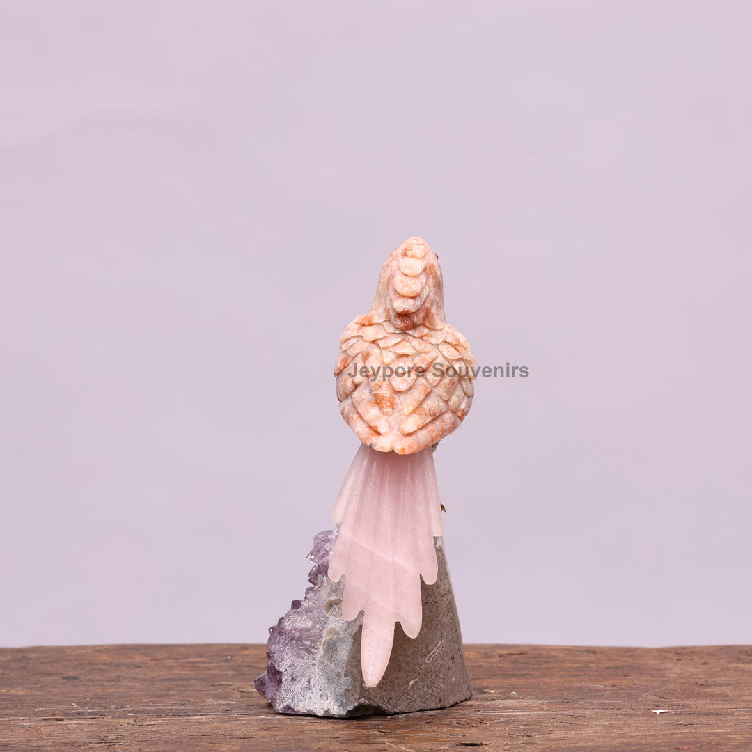 Jade Bird Sculpture On Amethyst Crystal Base