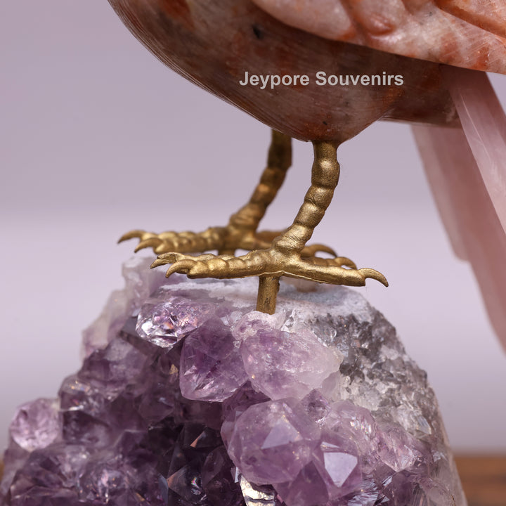 Jade Bird Sculpture On Amethyst Crystal Base