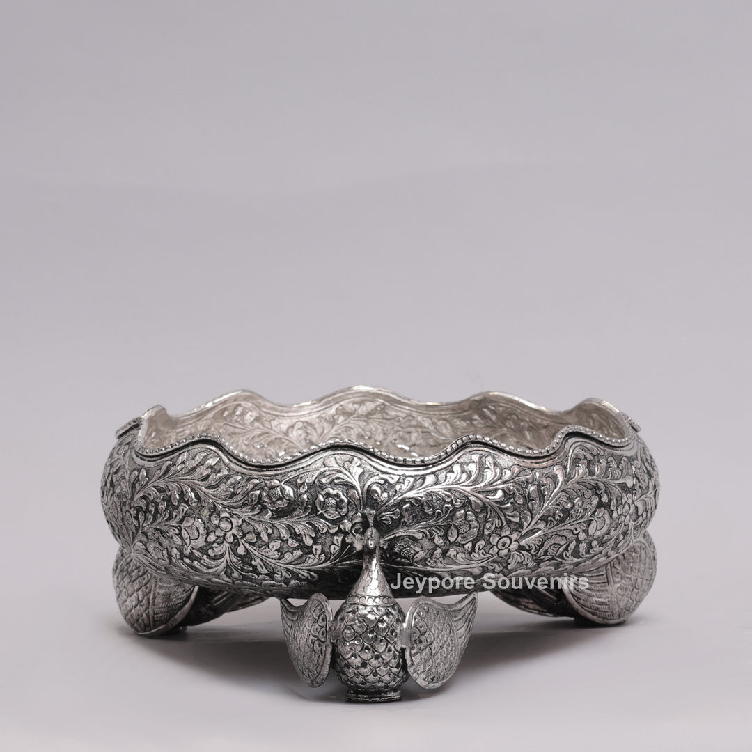 Antique Silver Finish Handcrafted German Silver Peacock Centerpiece Bowl | Luxury Decorative Fruit &amp; Floral Bowl