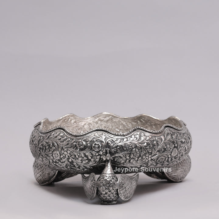 Antique Silver Finish Handcrafted German Silver Peacock Centerpiece Bowl | Luxury Decorative Fruit &amp; Floral Bowl
